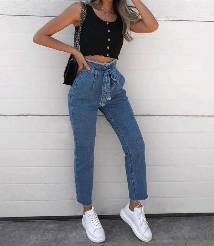 High-Waisted Washed Denim Pencil Pants
