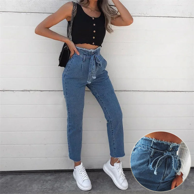 High-Waisted Washed Denim Pencil Pants