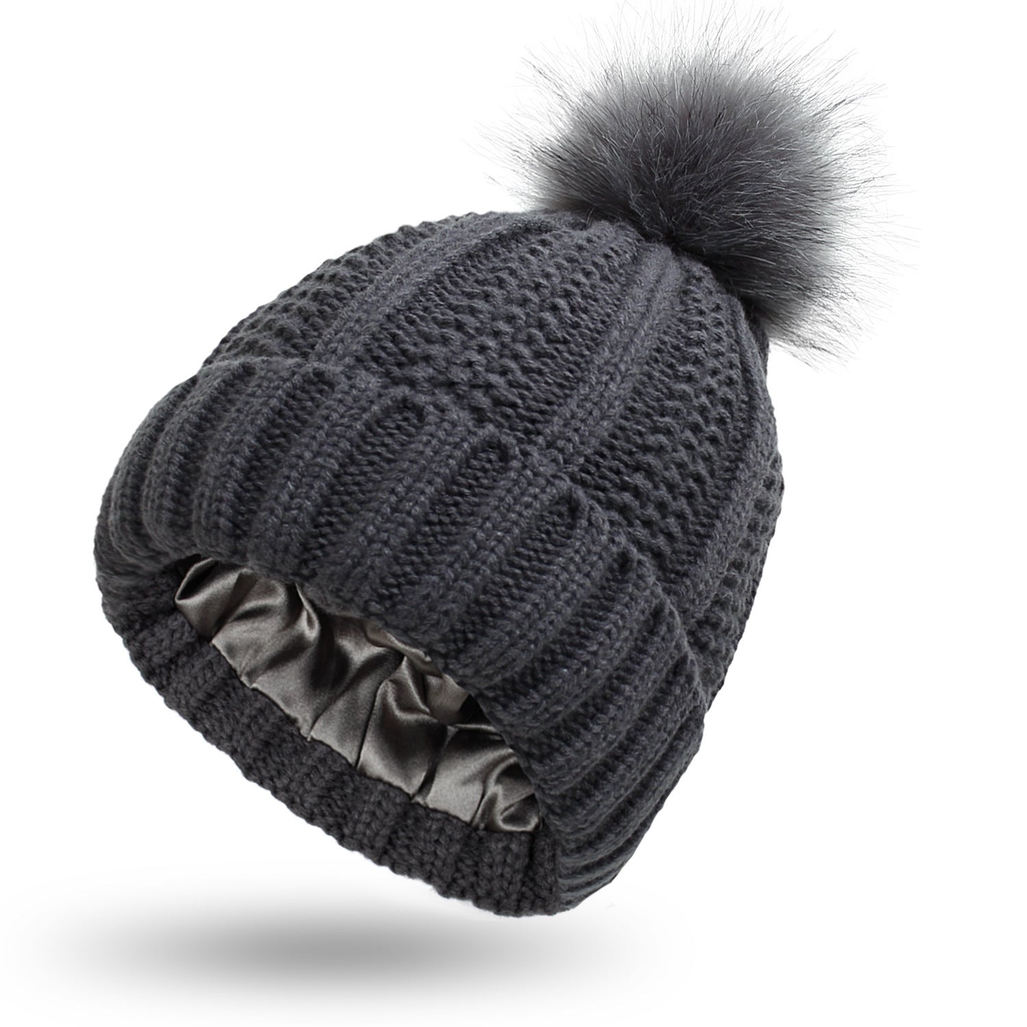 Women’s Satin-Lined Knit Beanie with Faux Fur Pom Pom