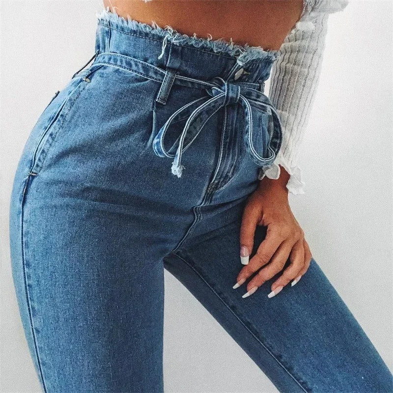 High-Waisted Washed Denim Pencil Pants
