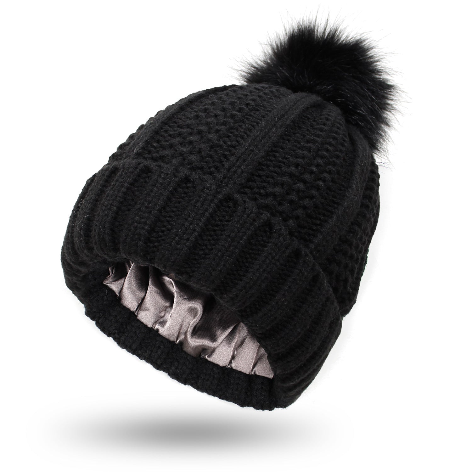 Women’s Satin-Lined Knit Beanie with Faux Fur Pom Pom